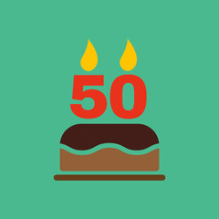 The birthday cake with candles in the form of number 50 icon. Birthday symbol. Flat