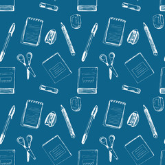 Dark seamless pattern with notebooks,  scissors, rubber, sharpen