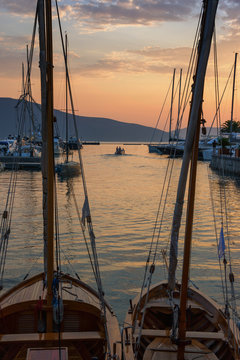 Sunset afterglow. Port in Tivat city, Montenegro