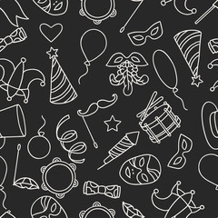 Carnival show seamless pattern with doodle icons and objects