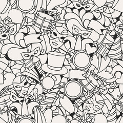 Carnival show seamless pattern with doodle icons and objects