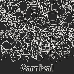 Carnival show seamless pattern with doodle icons and objects