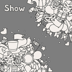 Carnival show background with doodle icons and objects