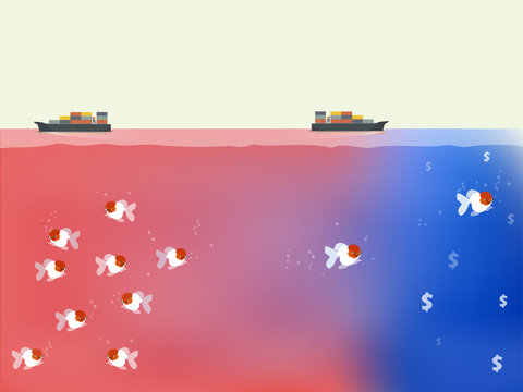 fishes are finding out the way to blue ocean,beautiful vector of blue ocean and red ocean business strategy concept