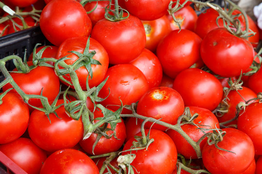 background with fresh red tomatoes in market
