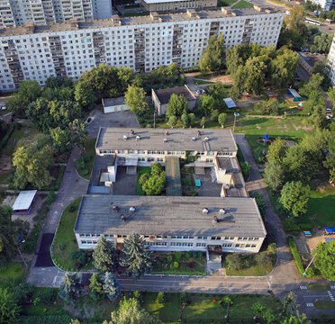 Top view of a kindergarten in the yard of a residential house. Balashikha, Moscow region, Russia