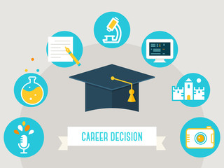 Academic Hat Surrounded by Education Icons. Career Decision Sign