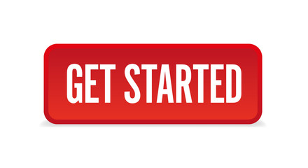 Get started red three-dimensional square button isolated on white background