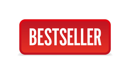 Bestseller red three-dimensional square button isolated on white background