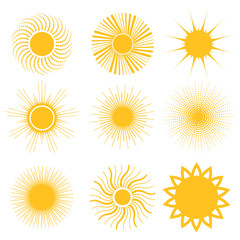 Sun icon set. Abstract and unusual sun icons. Vector illustration. 