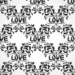 Illustration of seamless abstract black floral vine pattern with love word.