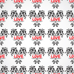 Illustration of seamless abstract black floral vine pattern with love word.