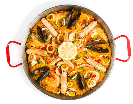   Spanish seafood paella, view from above