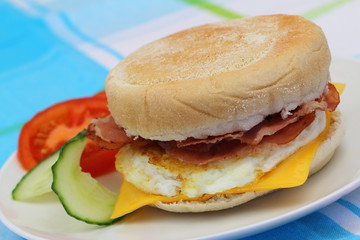 Egg and bacon muffin, closeup
