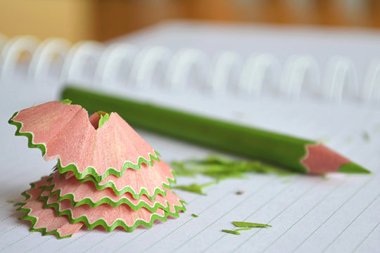 Back to school: Sharpened color pencil and shavings on opened notebook