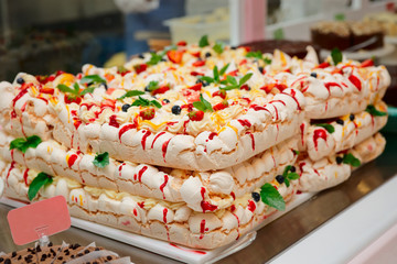 Meringue cake in a pastry shop