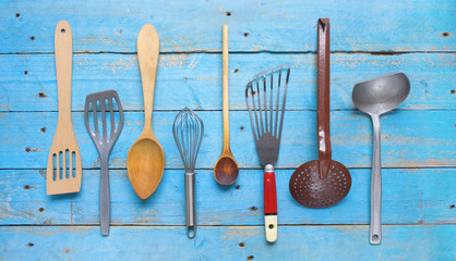 group of retro kitchen utensils.