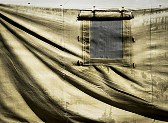 detail of military tent with window