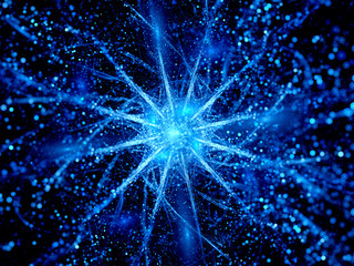 Blue energy ball with rays in space with particles