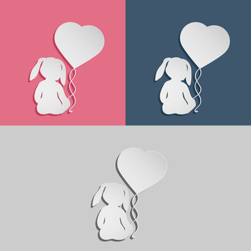 Rabbit child with heart balloon. Set of three emblem variations