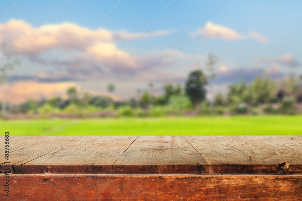 Poster empty table and field of grass and perfect sky background