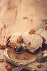 Fresh nut ice cream in waffle cup