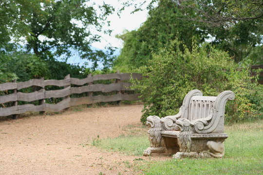 Take a seat between lions - One of the numerous ornate stone benches with the same lion motif near the one of the viewpoint in Fonyod, Hungary 