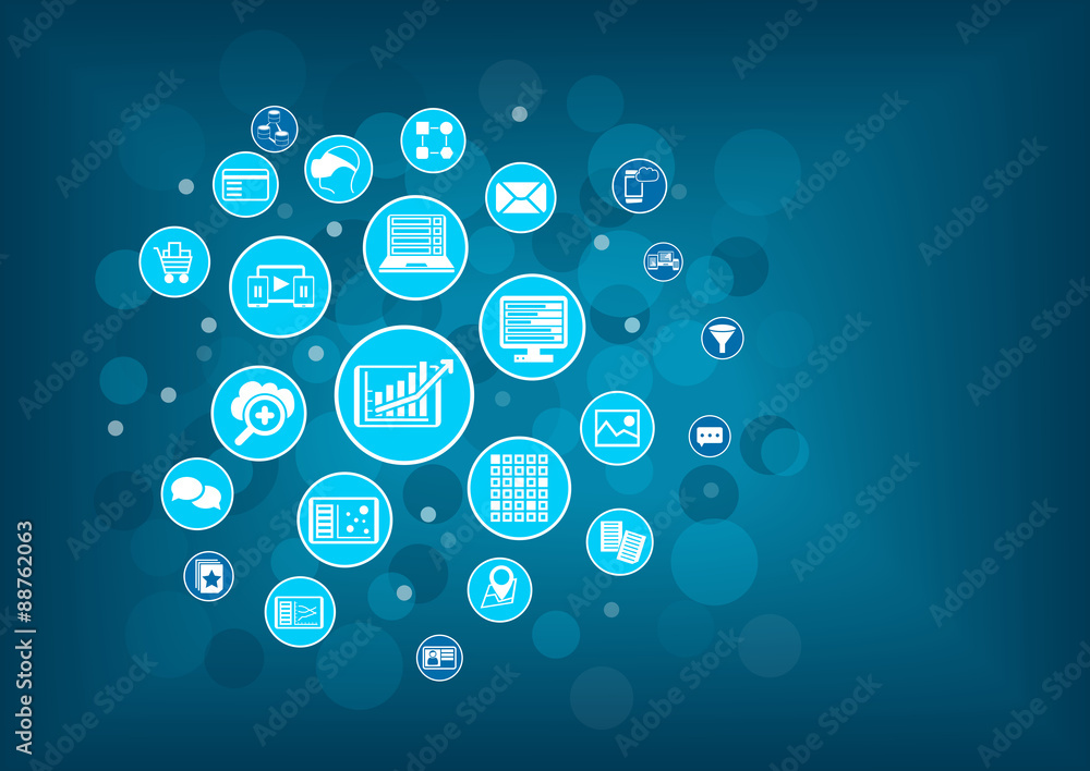 Poster big data analytics background concept. blue circles and bubbles as vector illustration.