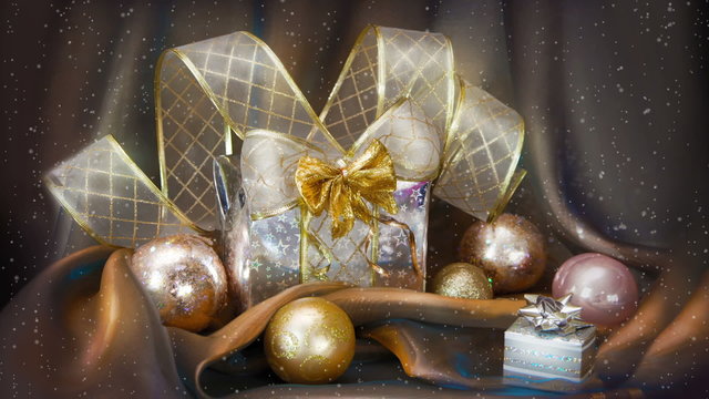Christmas background with present box and balls