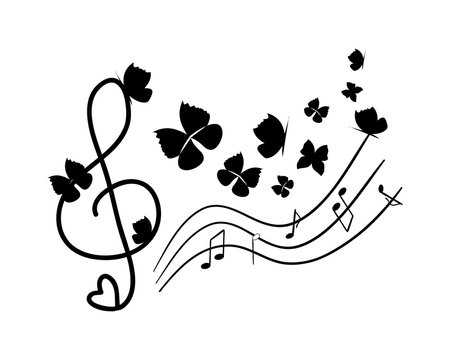 Black music treble clef with element of  notes on stave, butterflys. Vector illustration.