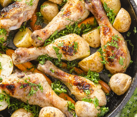 Crisp-tender chicken baked with roasted carrots and potatoes, above view