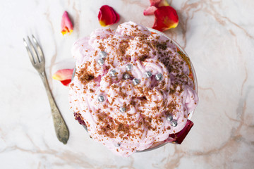 dessert with whipped cream - top view