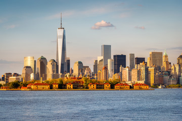 Lower Manhattan Skyscrapers and Ellis Island from New York Harbor