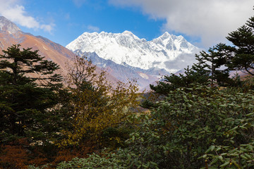Everest Lhotse Nuptse mountains peaks ridge view, Tengboche vill