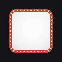 Abstract retro light banner/signboard with light bulbs on the contour. Isolated on black background. Vector illustration.