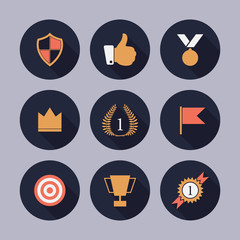 Flat icons set (9 pieces) - winning, prizes and awards. Icons with long shadow effect. Vector illustration.

