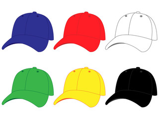 Set of Baseball Caps in Different Colours Blue Red White Green Yellow Black - obrazy, fototapety, plakaty