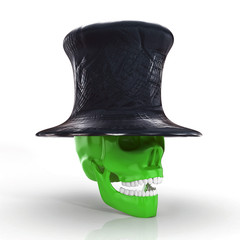 3d green human skull with old leather hat om white background
