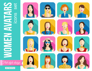 Set of Women Avatars Icons. Colorful Female Faces Icons Set