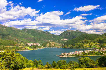 impressive views of Turano lake with village Colle di Tora, Italy