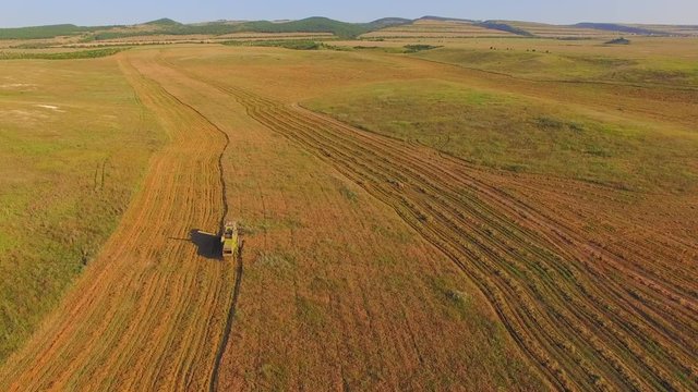 AERIAL VIEW. Combine On Harvest Fields