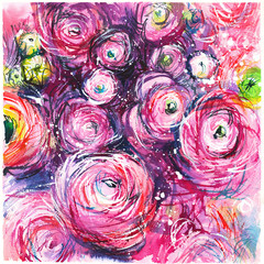 large pink bouquet of magenta buttercups/ watercolor painting