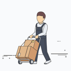 Vector Flat Illustration of Delivery Man with Boxes on Two Wheel Cart. © beatpavel