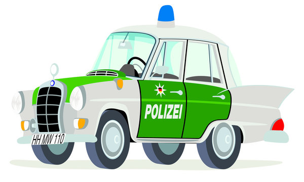Caricatura Mercedes Benz W110-190D policía alemana vista frontal y lateral