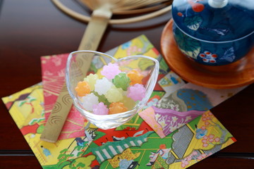 Japanese candy.It's called ”Konpeitoh”. It's multicolored and includes the pretty design. It's popular with Japanese children from the old days.