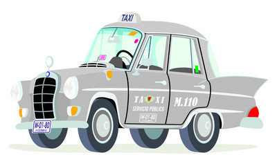 Caricatura Mercedes Benz W110-190D taxi Colombia gris vista frontal y lateral