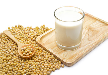 Isolated soy beans and soy milk in a glass on wooden tray