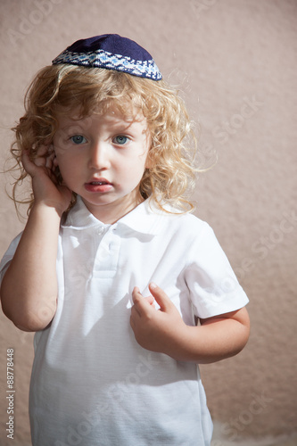 " The boy with blond curls in the Jewish yarmulke" Stock photo and ...