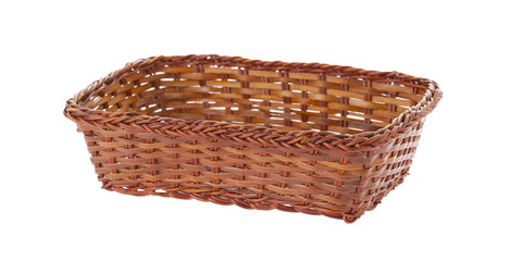 Empty wooden fruit or bread basket on white background