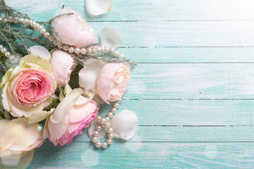 Background  with rose  flowers and pearl